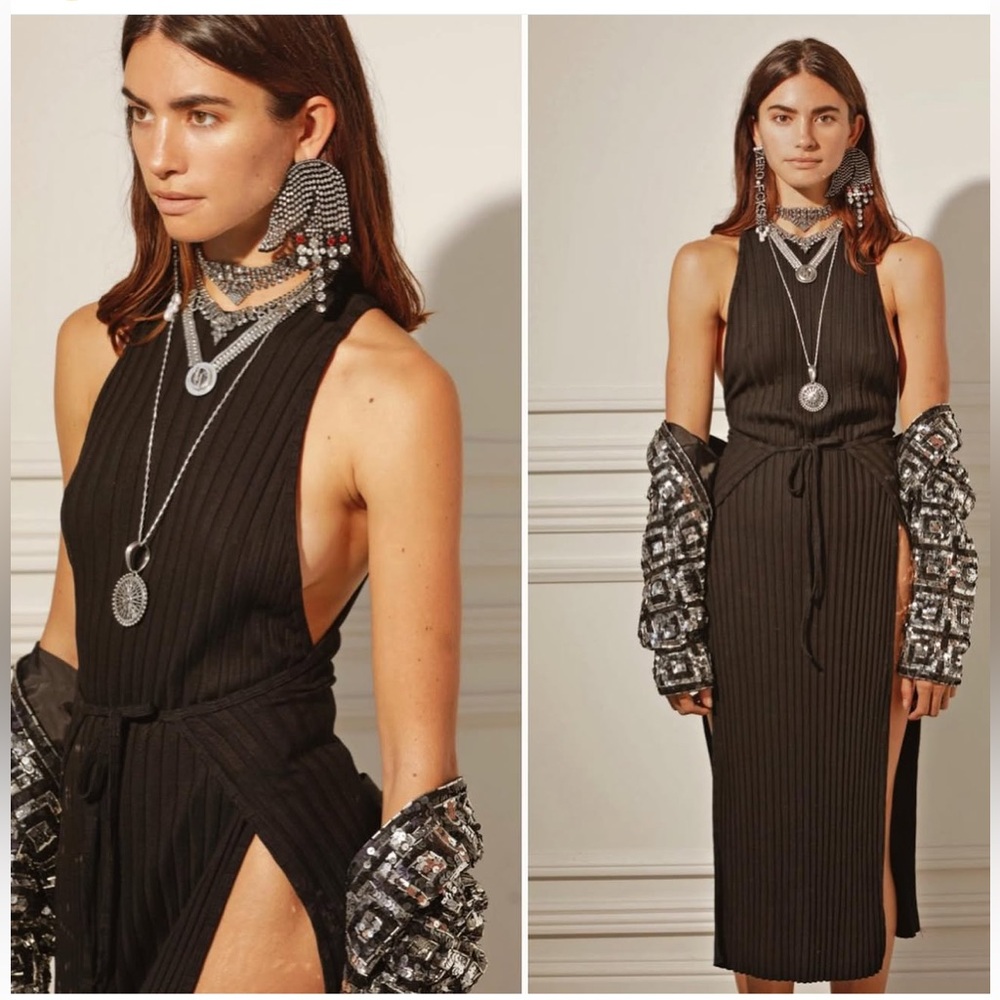 NWOT Dylanlex dress. Discontinued. Black ribbed, tie waist, midi dress. Size XS